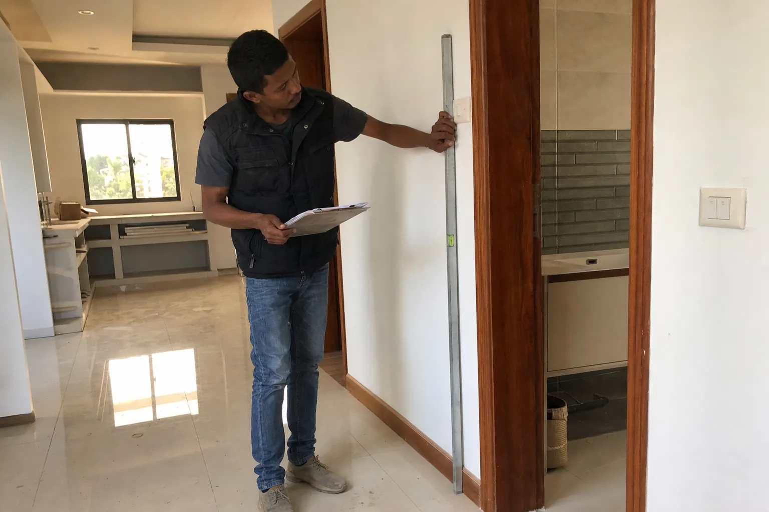 Responsable contrôlant les finitions d’un intérieur en rénovation à Madagascar.
