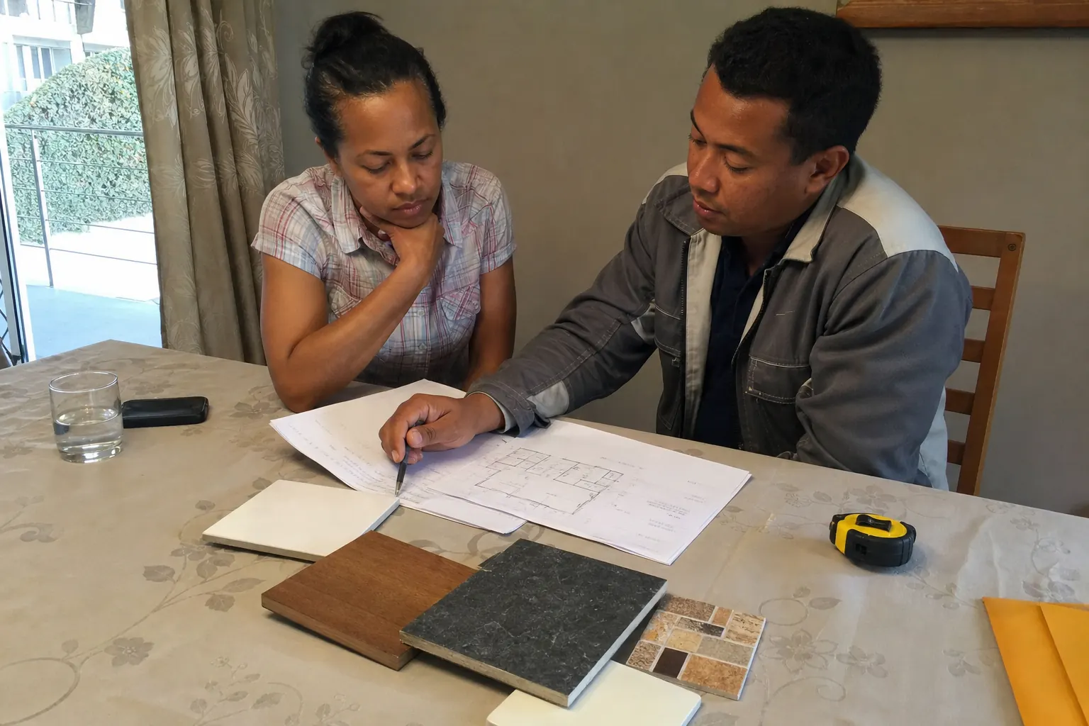 Propriétaire et responsable de chantier examinant un plan de rénovation dans une maison à Madagascar.