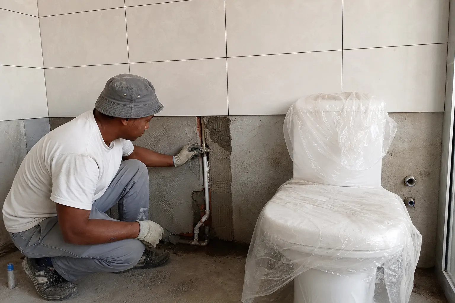 Salle de bain résidentielle conçue avec carrelage, plomberie et finitions coordonnées.