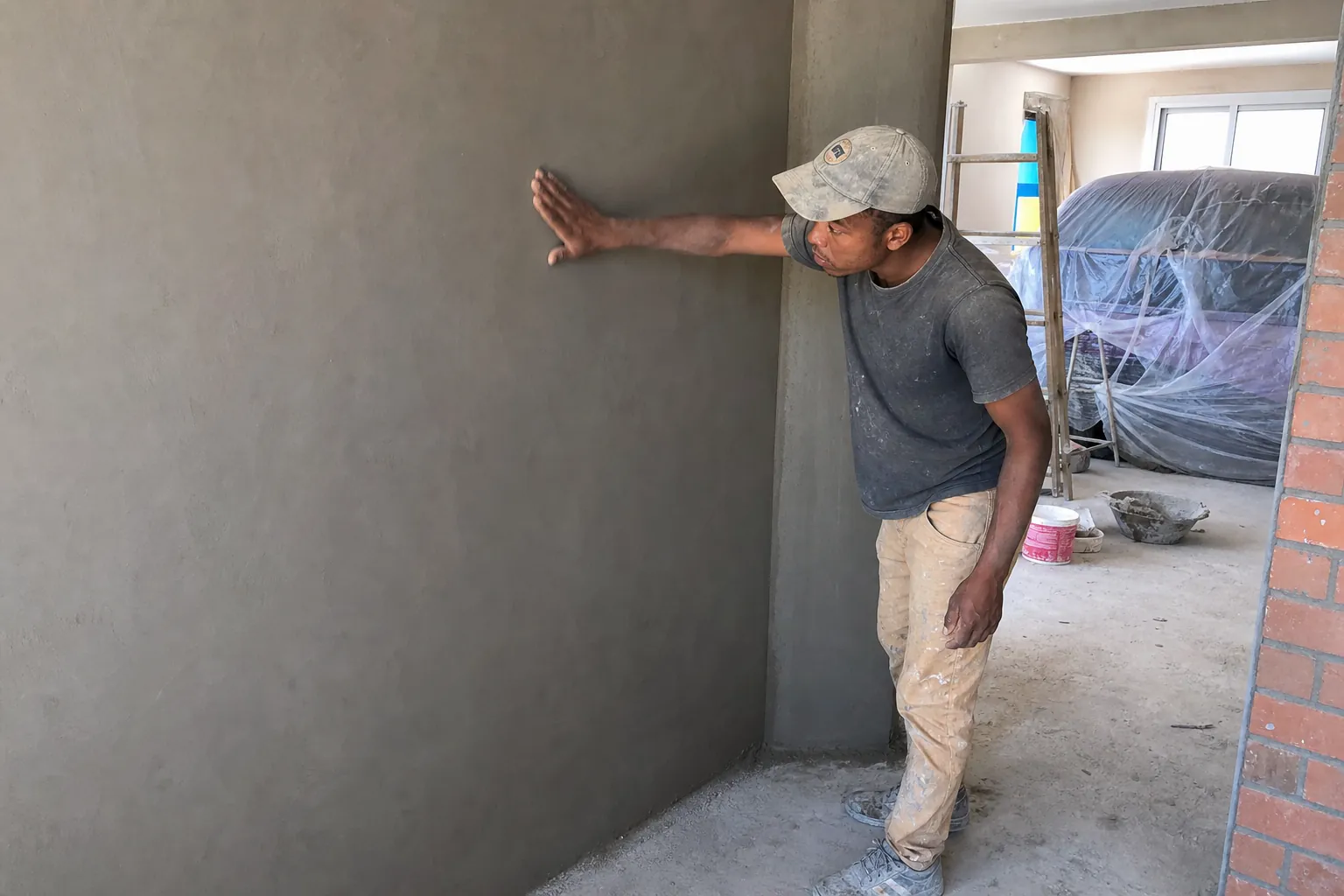 Artisan vérifiant la finition d’un mur dans une maison en rénovation à Madagascar.