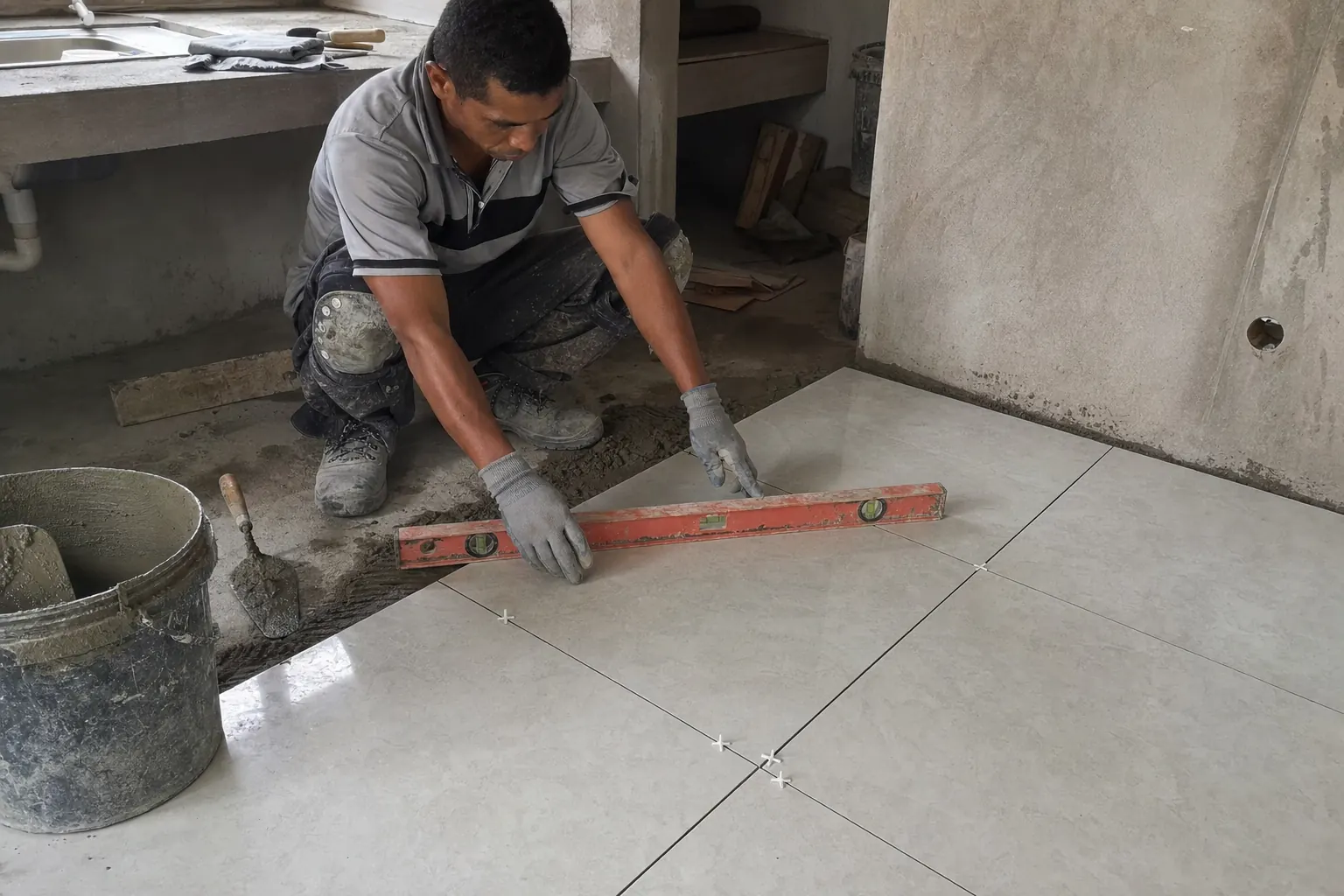 Carreleur contrôlant l’alignement de carreaux dans une pièce en rénovation.