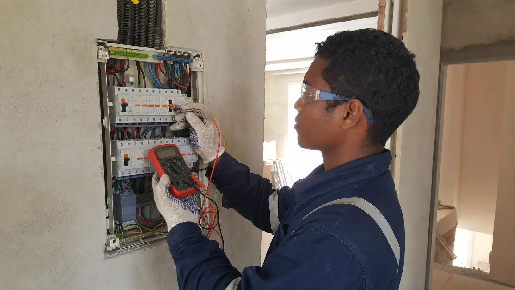 Artisan malgache contrôlant au multimètre un tableau électrique résidentiel hors tension.