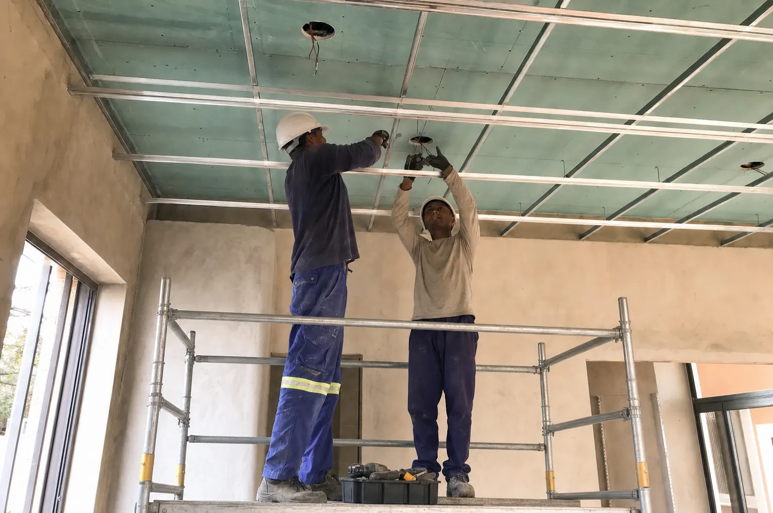 Artisans posant une ossature de faux plafond dans un intérieur résidentiel malgache.