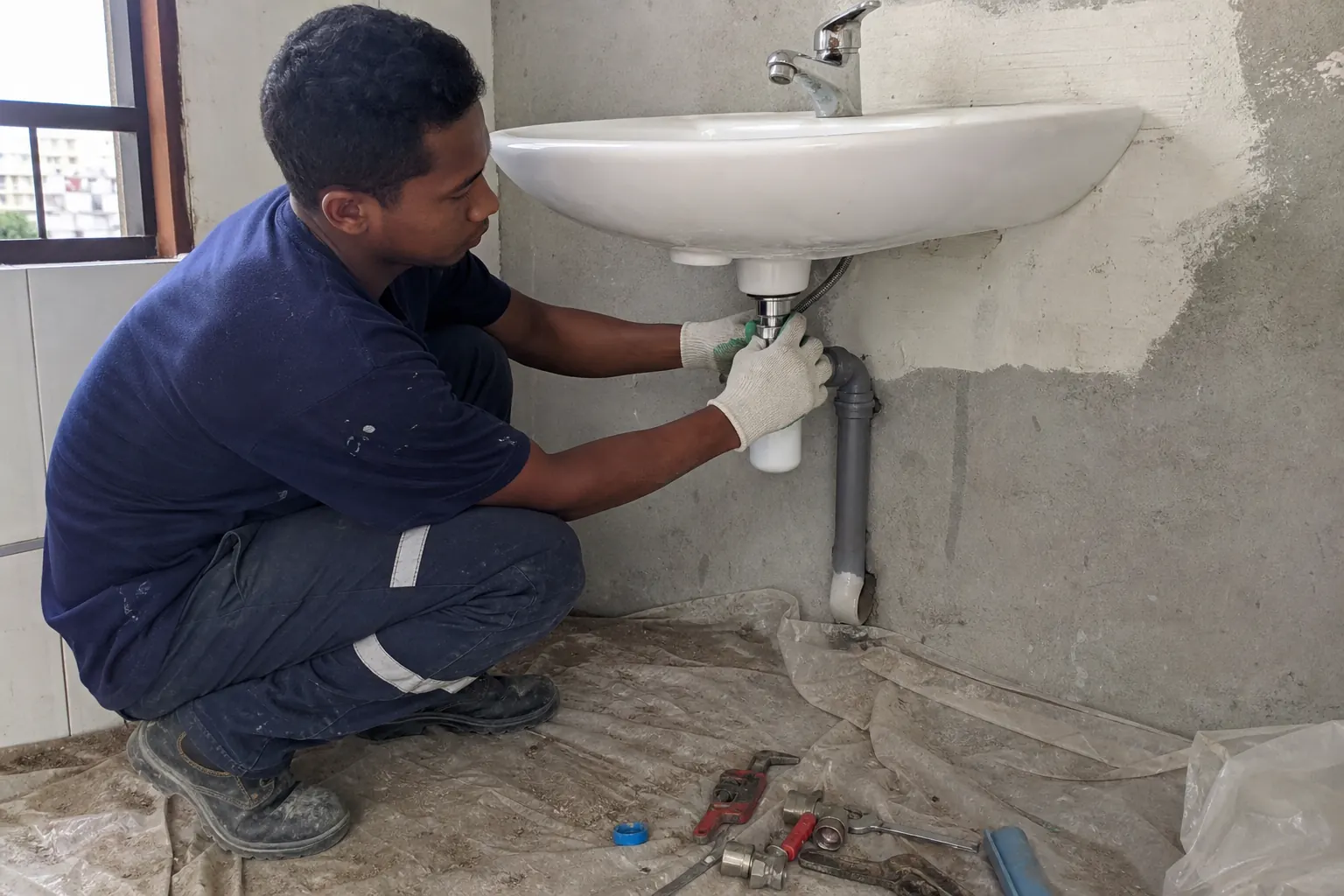 Artisan raccordant proprement un lavabo dans une salle de bain en rénovation à Madagascar.