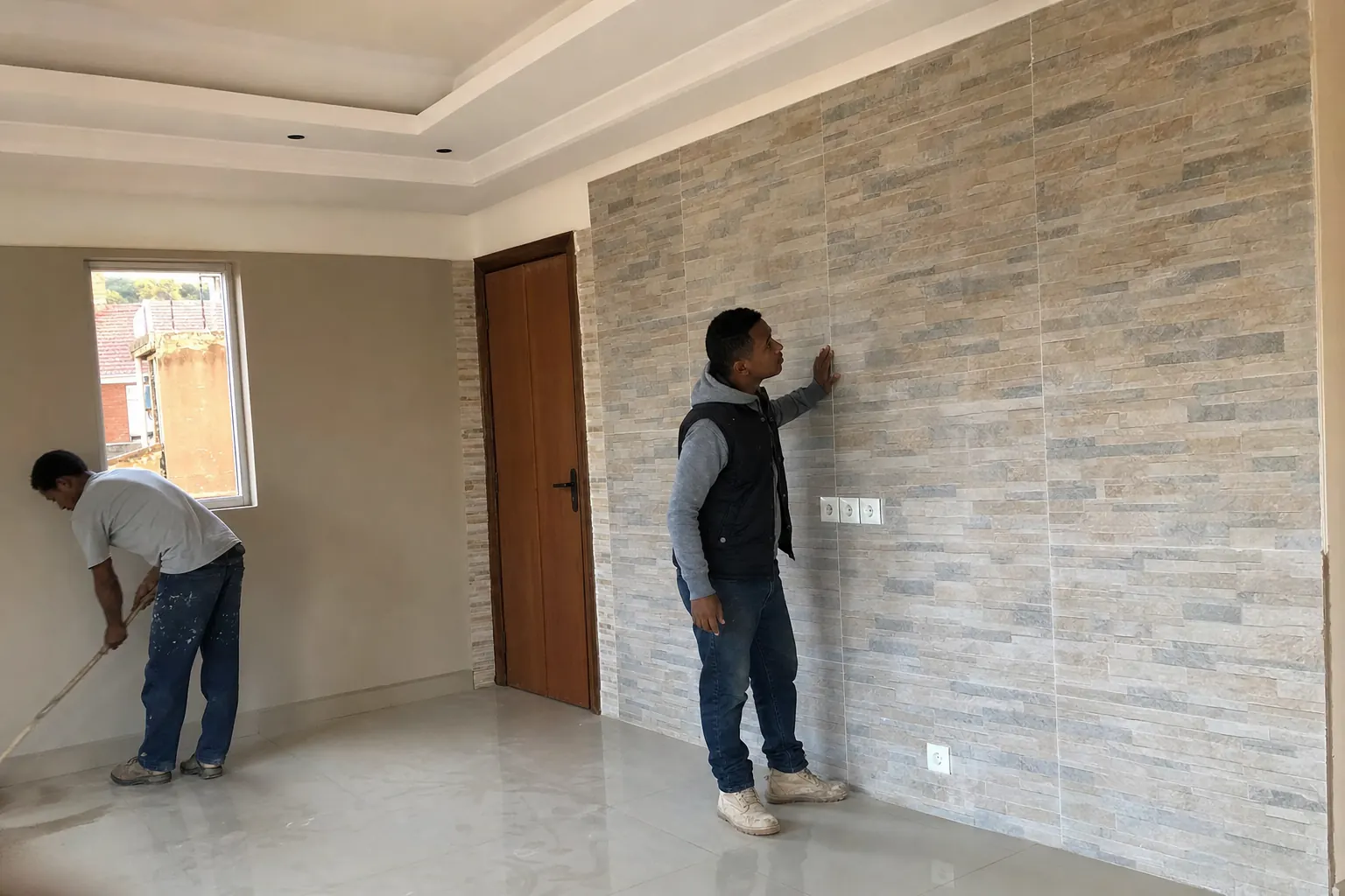 Responsable vérifiant les finitions d’une pièce résidentielle en rénovation à Madagascar.