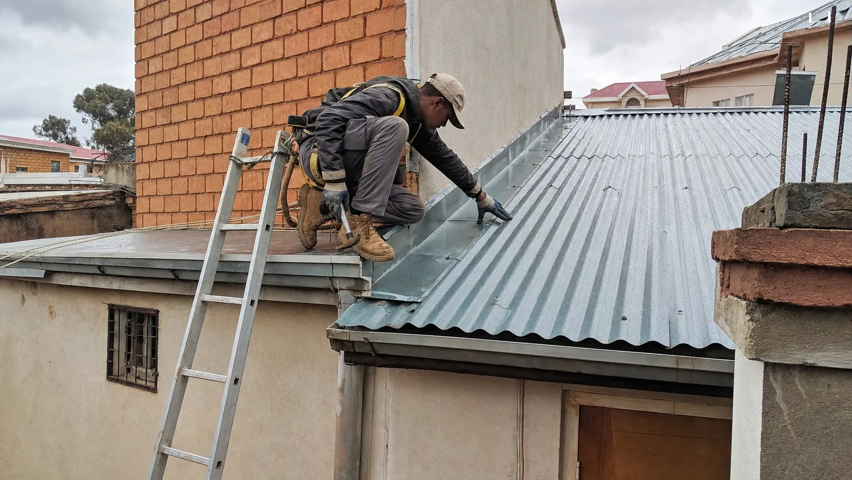 Artisan sécurisé inspectant une toiture résidentielle en tôle dans les Hautes Terres malgaches.